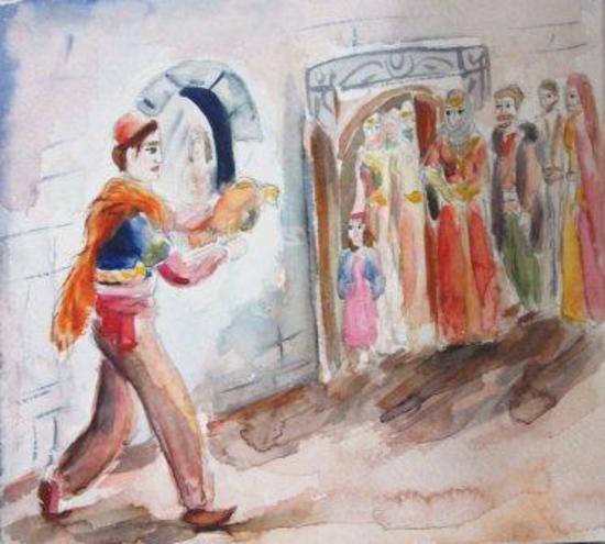 8. Одним из наиболее ярких обрядов традиционной свадьбы было выкрадывание курицы. В главной роли тут выступал карнавальный персонаж &mdash; свадебный гонец, или так называемый свадебный Лис, &mdash; Агвес. Обойдя молодежь, которая чинила ему препятствия, он должен был тайно пробраться в курятник, принадлежащий родителям невесты, и выкрасть курицу, затем явиться с ней &mdash; непременно первым &mdash; в дом и оповестить, что свадебная процессия уже в пути и скоро приедет жених.