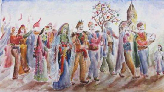 Одевала ее одна из молодых замужних родственниц, имевшая первенца-сына. Наиболее важной частью обряда была замена девичьей прически &mdash; одной или нескольких косичек &mdash; на женскую &mdash; две косы. И отныне девушка не имела права выходить на люди с непокрытой головой. Во время всей церемонии женщины пели хвалебные песни в честь невесты. Во многих культурах оголение &mdash; символ смерти. Это и лежит в основе ритуала одевания. Символически девушку надо было умертвить, а затем возродить как женщину из семьи жениха. Сейчас этот обряд практически изжил себя &mdash; невеста к приходу жениха бывает одета и ей торжественно подносят фату, перчатки и туфли.