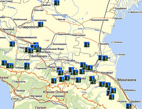 Фрагмент контента тематического слоя "Легенды Кавказа", размещённого "Кавказским Узлом" на "Яндекс-Картах". Источник: http://maps.yandex.ru/?text=http://www.kavkaz-uzel.ru/geo_objects/map.xml