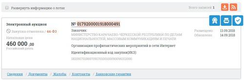 Тендер министерства по делам национальностей, массовым коммуникациям и печати Карачаево-Черкесии. Фото: скриншот с сайта Единой информационной системы в сфере закупок http://zakupki.gov.ru/epz/main/public/home.html