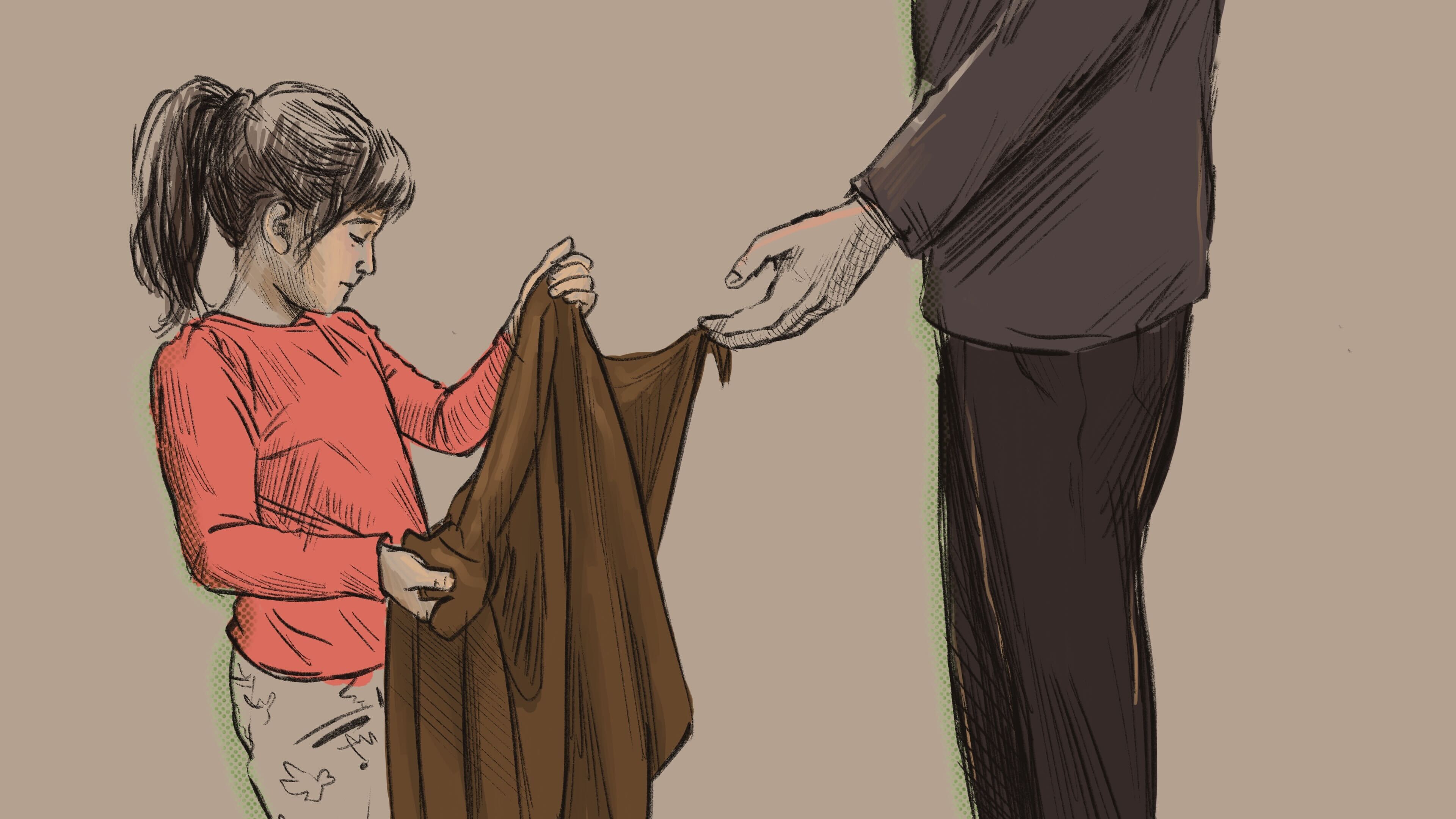 Отец передает хиджаб дочери. Иллюстрация Мейдан ТВ.