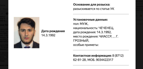 Скриншот карточки о розыске из базы данных МВД. Фото https://t.me/Bkr_Yang/1246