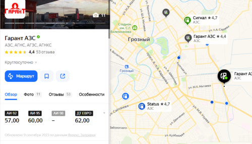 Цены на бензин в Грозном. Скриншот данных сервиса "Яндекс.Карты" на 21.20 мск 09.09.23.