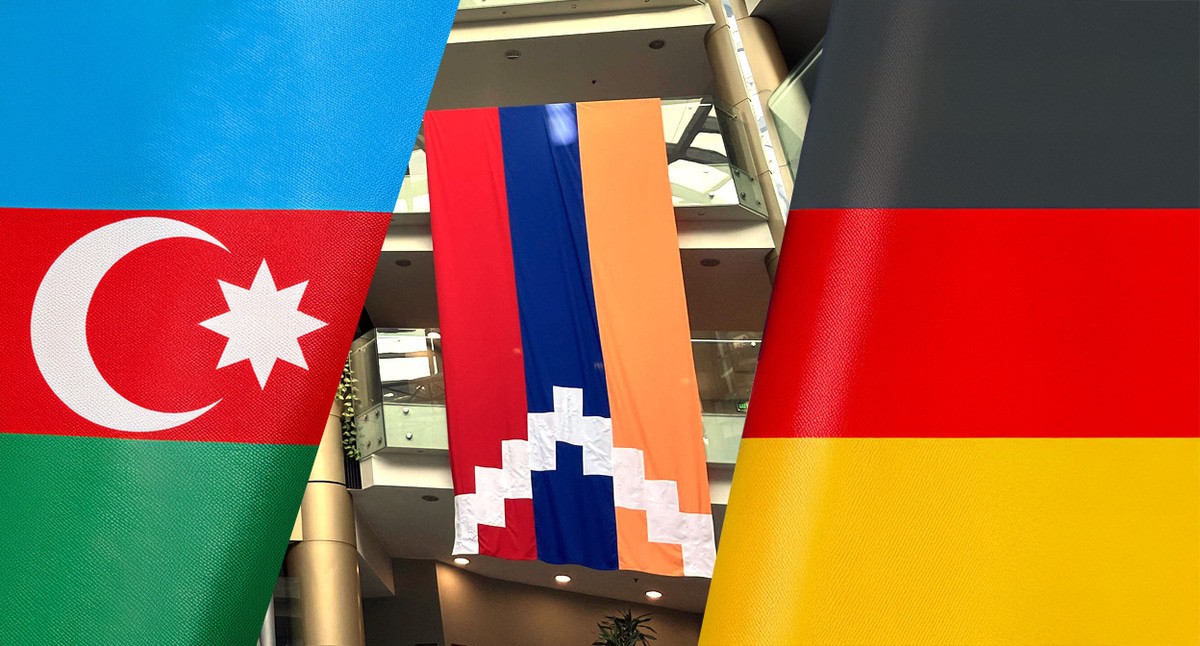Флаги Азербайджана, Нагорного Карабаха, Германии. Коллаж "Кавказского узла"