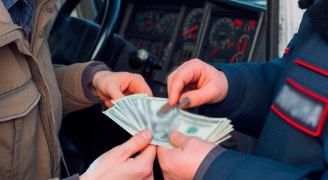 Водитель дает взятку полицейскому. Условная иллюстрация, созданная "Кавказским узлом" с помощью ИИ в программе Copilot.