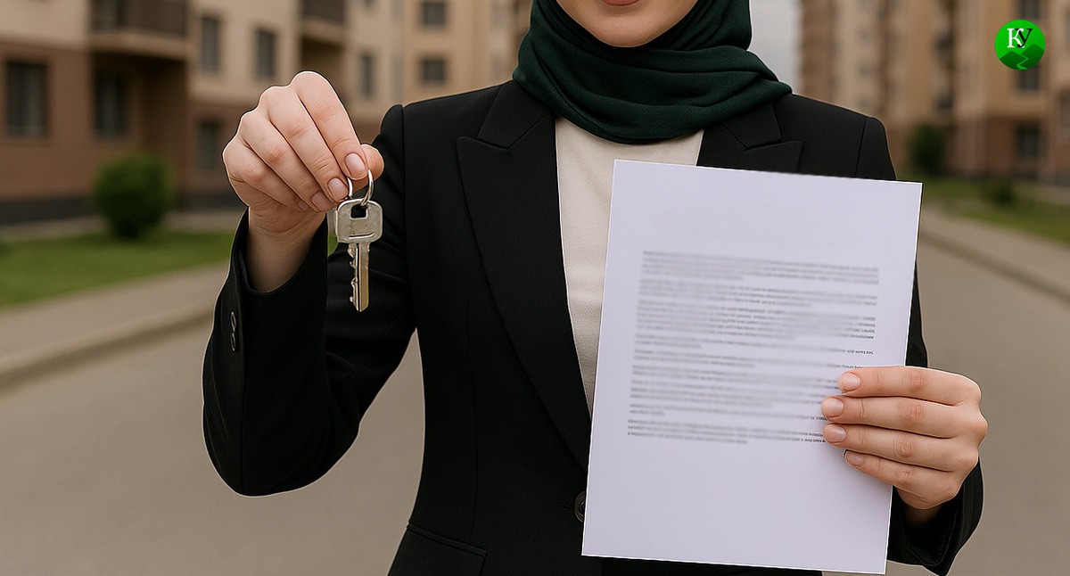 Женщина с сертификатом. Иллюстрация создана «Кавказским узлом» с помощью ИИ в программе Copilot
