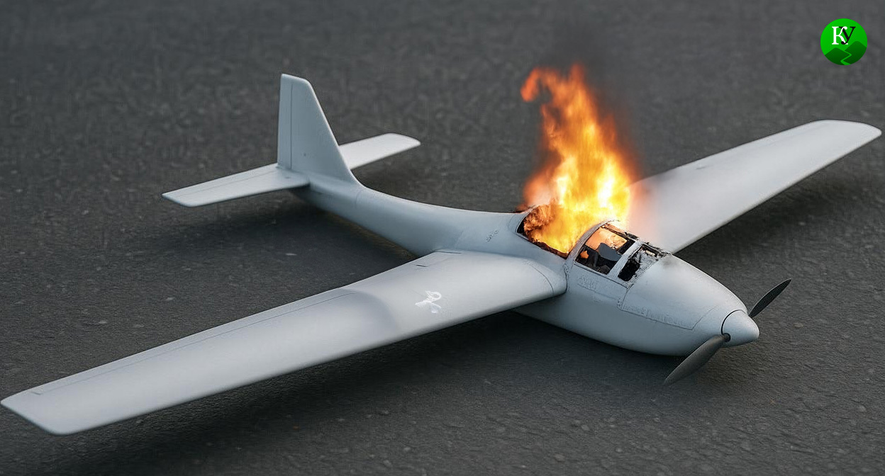 Горящий БПЛА. Иллюстрация создана «Кавказским узлом» с помощью ИИ в программе Copilot