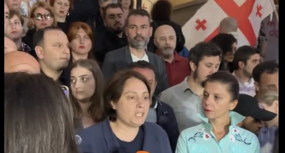 Элене Хоштария (в центре) зачитывает заявление о бойкоте муниципальных выборов. Кадр видео Publika.