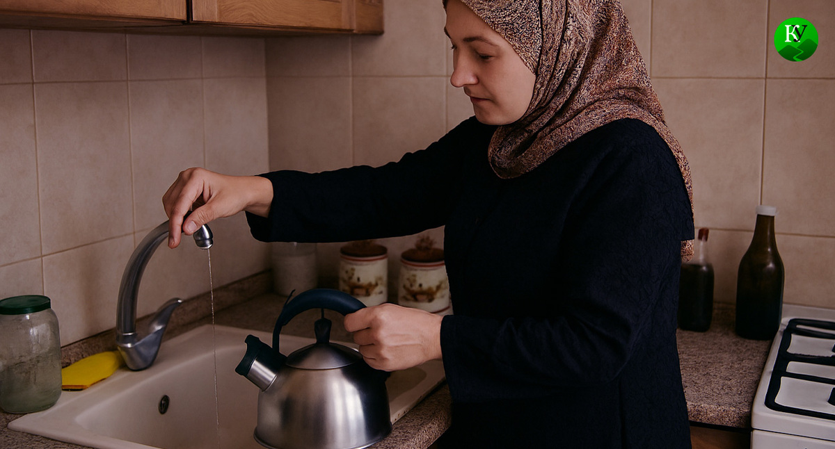 Женщина набирает в чайник воду. Иллюстрация создана «Кавказским узлом» с помощью ИИ в программе Copilot
