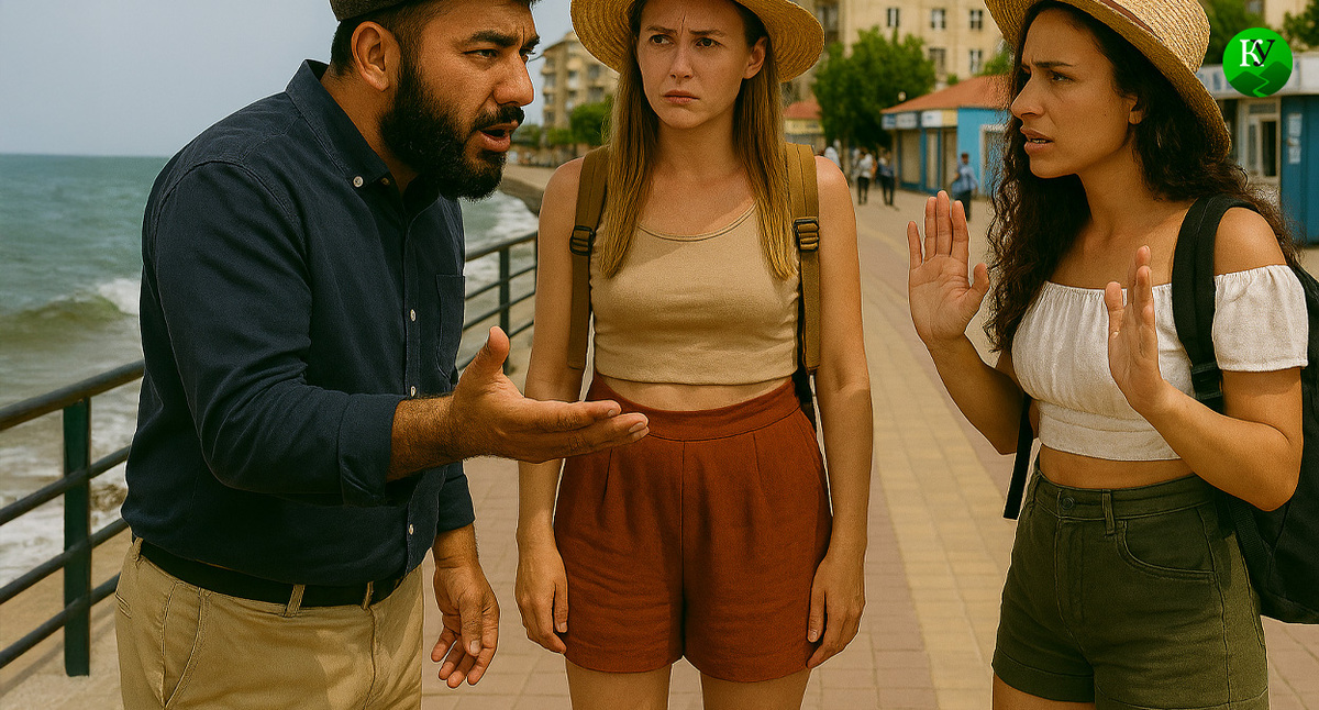 Спор местного жителя и туристок. Иллюстрация создана "Кавказским узлом" с помощью ИИ в программе Copilot