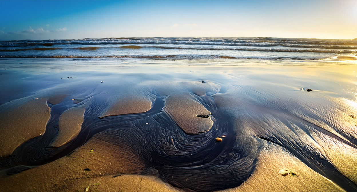 Следы нефти на побережье. Иллюстрация создана "Кавказским узлом" с помощью ИИ в программе Copilot