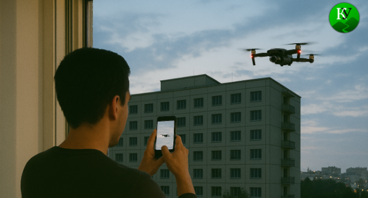 Юноша снимает на мобильный телефон летящий беспилотник. Изображение создано "Кавказским узлом" при помощи ИИ в программе Copilot.