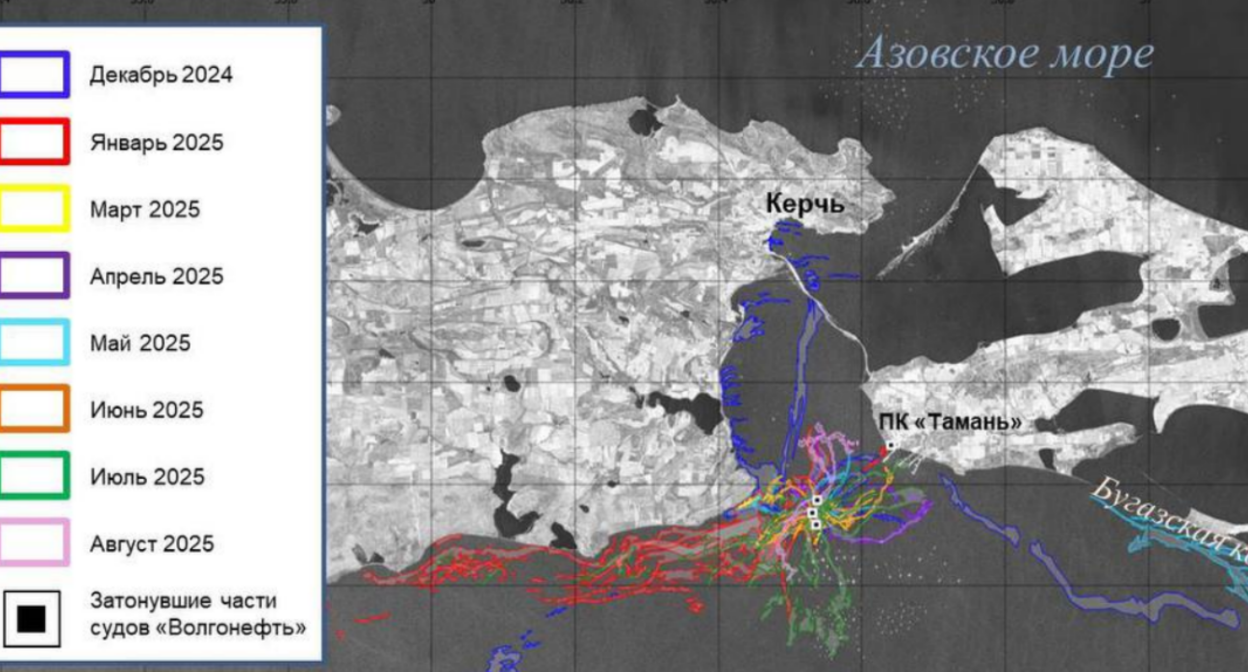Карта пленочных загрязнений с декабря 2024 года по август 2025 года. Розовым выделены данные за август 2025 года. Скриншот фото Института океанологии от 05.09.25, https://t.me/ShirshovInstitute/1766.