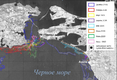 Карта пленочных загрязнений с декабря 2024 года по август 2025 года. Розовым выделены данные за август 2025 года. Скриншот фото Института океанологии от 05.09.25, https://t.me/ShirshovInstitute/1766.