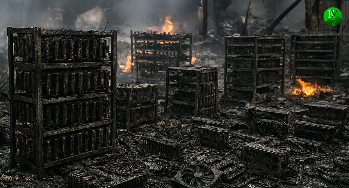 Пожар на майнинг-ферме. Иллюстрация создана "Кавказским узлом" с помощью ИИ в программе Copilot