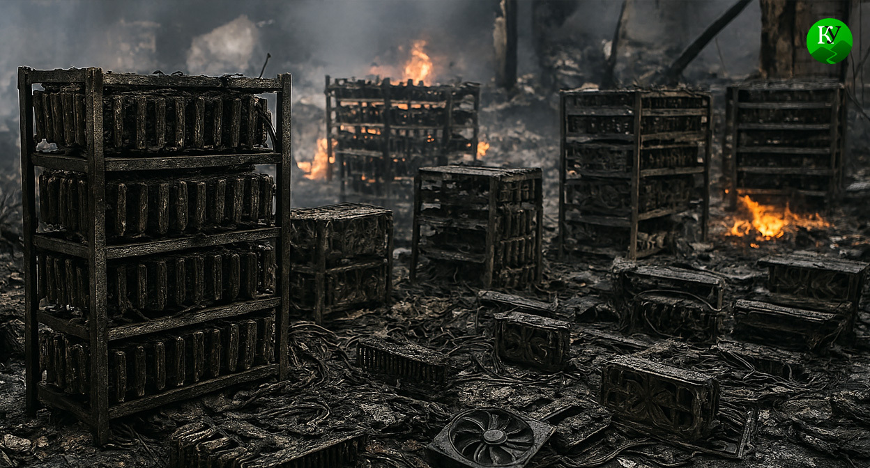 Пожар на майнинг-ферме. Иллюстрация создана "Кавказским узлом" с помощью ИИ в программе Copilot