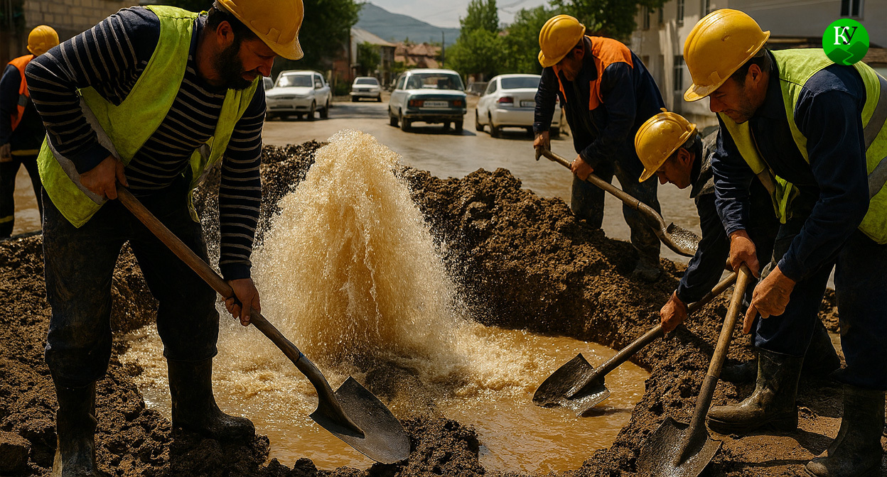 Рабочие на прорыве трубы. Иллюстрация создана "Кавказским узлом" с помощью ИИ в программе Copilot