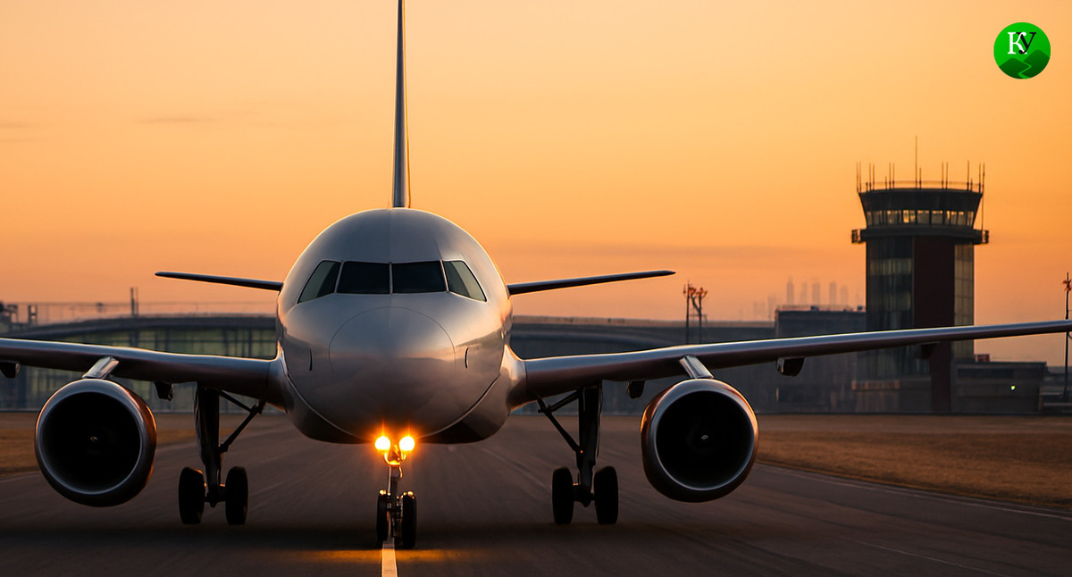 Самолет на взлетной полосе. Иллюстрация создана "Кавказским узлом" с помощью ИИ в программе Copilot