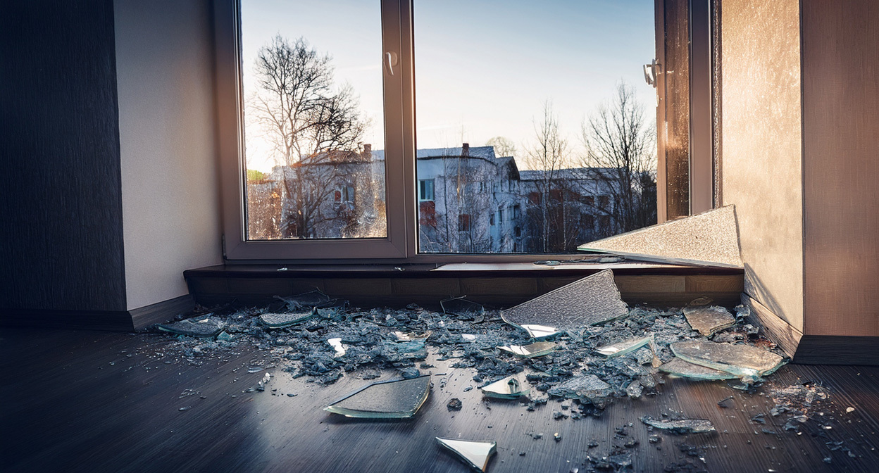 Выбитые стекла. Иллюстрация создана «Кавказским узлом» с помощью ИИ в программе Copilot