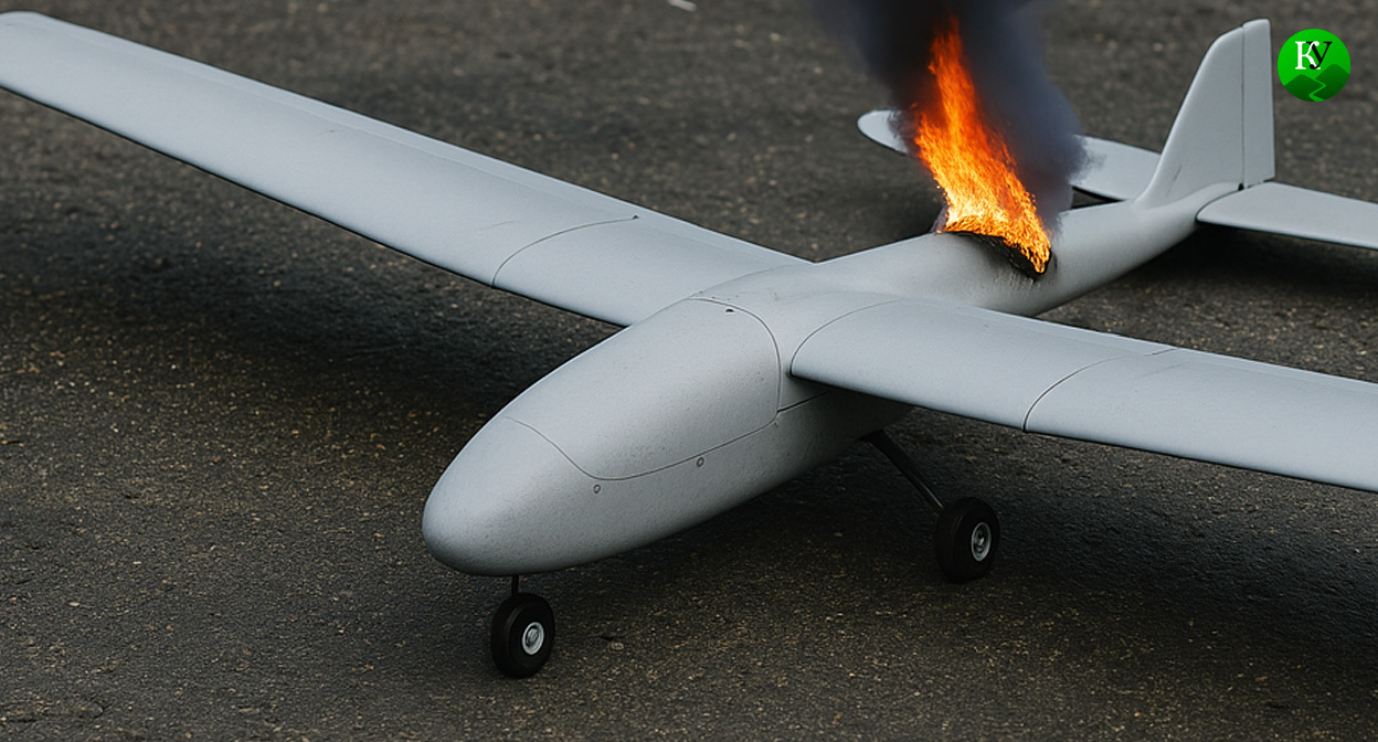 БПЛА горит. Иллюстрация создана «Кавказским узлом» с помощью ИИ в программе Copilot