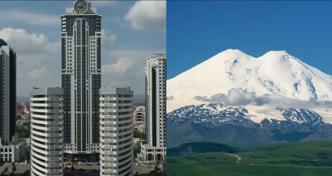 "Грозный-Сити" и Эльбрус. Коллаж "Кавказского узла". Фото из Telegram-канала Рамзана Кадырова https://t.me/RKadyrov_95/6083 и с сервиса "Яндекс.Карты" https://yandex.com/maps/org/elbrus/132277833242/reviews/?ll=42.510776%2C43.241514&utm_medium=organic&utm_source=yandexsmartcamera&z=14