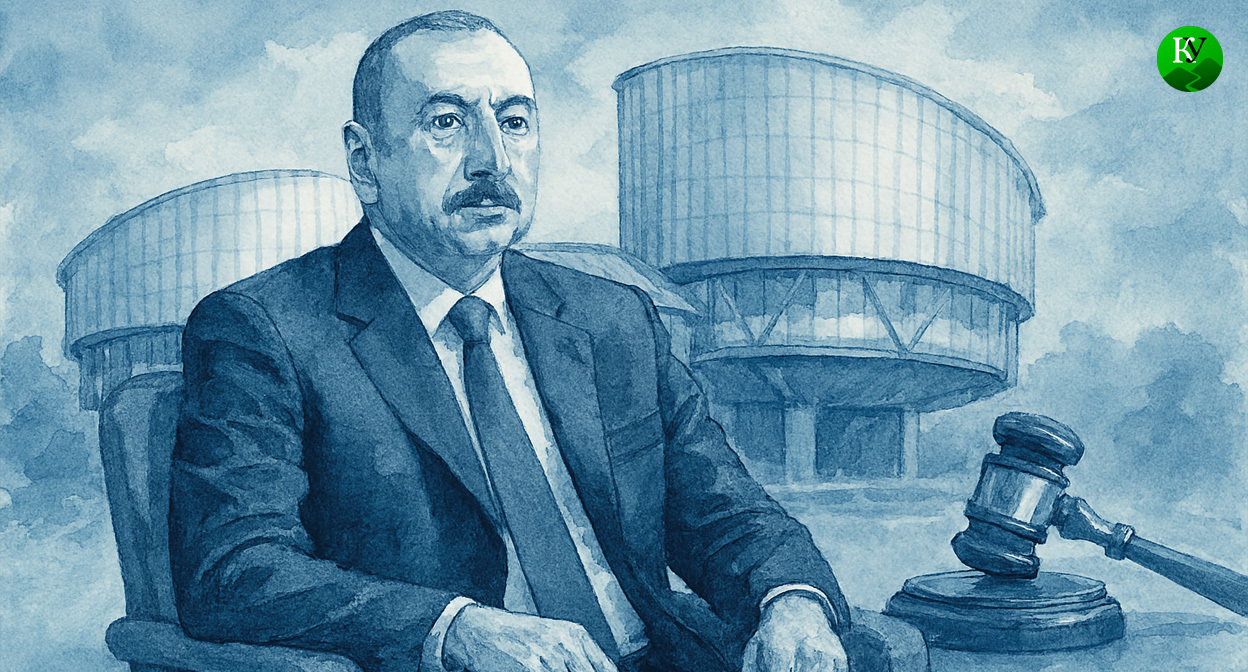 Aliyev and the ECHR building. Illustration created by Caucasian Knot using AI in the Copilot program.