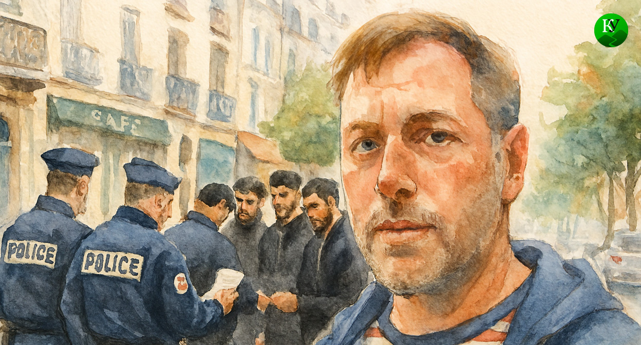 Владимир Осечкин, полицейские и задержанные. Иллюстрация создана «Кавказским узлом» с помощью ИИ в программе Copilot 