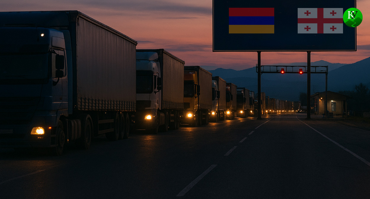 Фуры на границе Армении и Грузии. Иллюстрация создана «Кавказским узлом» с помощью ИИ в программе Copilot