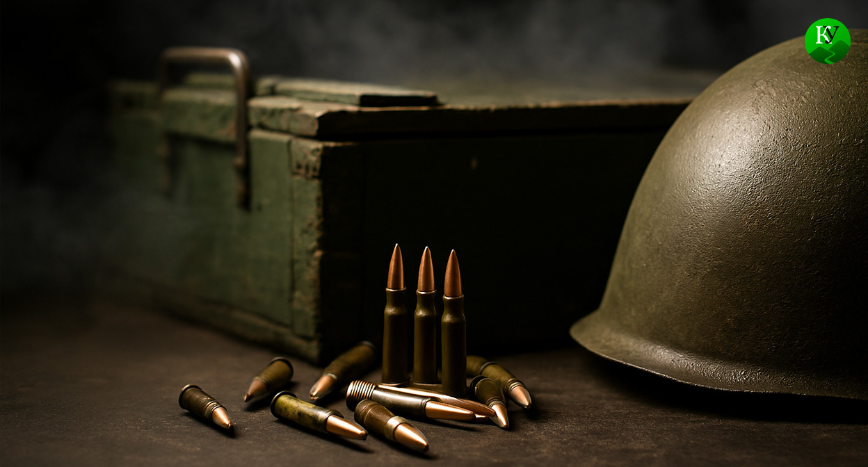 Патроны и каска. Иллюстрация создана «Кавказским узлом» с помощью ИИ в программе Copilot