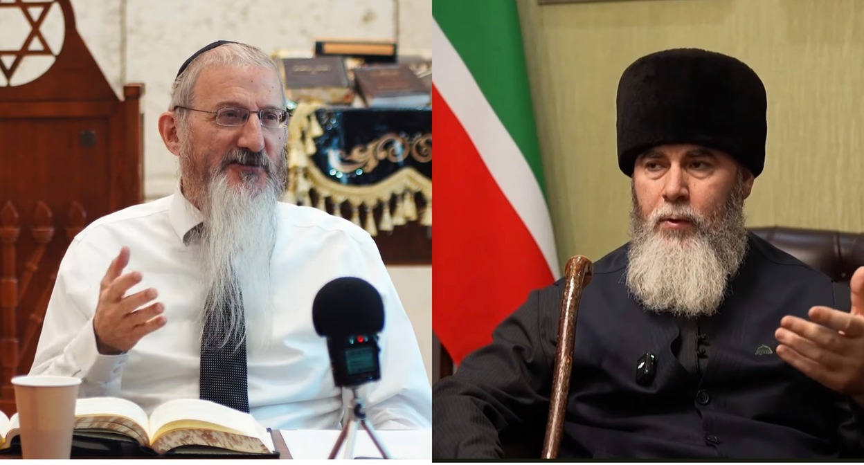 Берл Лазар и Салах Межиев. Коллаж “Кавказского узла”, кадры видео Тора Центр Москва / YouTube и Григорий Азарёнок / YouTube.