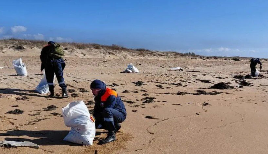 Уборка свежих выбросов мазута. Скриншот фото оперштаба Краснодарского края от 01.11.25, https://t.me/opershtab23/14374?single