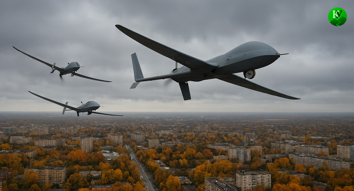 БПЛА над городом. Иллюстрация создана «Кавказским узлом» с помощью ИИ в программе Copilot