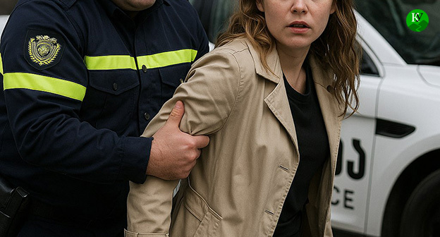 Сотрудник полиции задерживает женщину. Иллюстрация "Кавказского узла" созданная ИИ при помощи программы Copilot