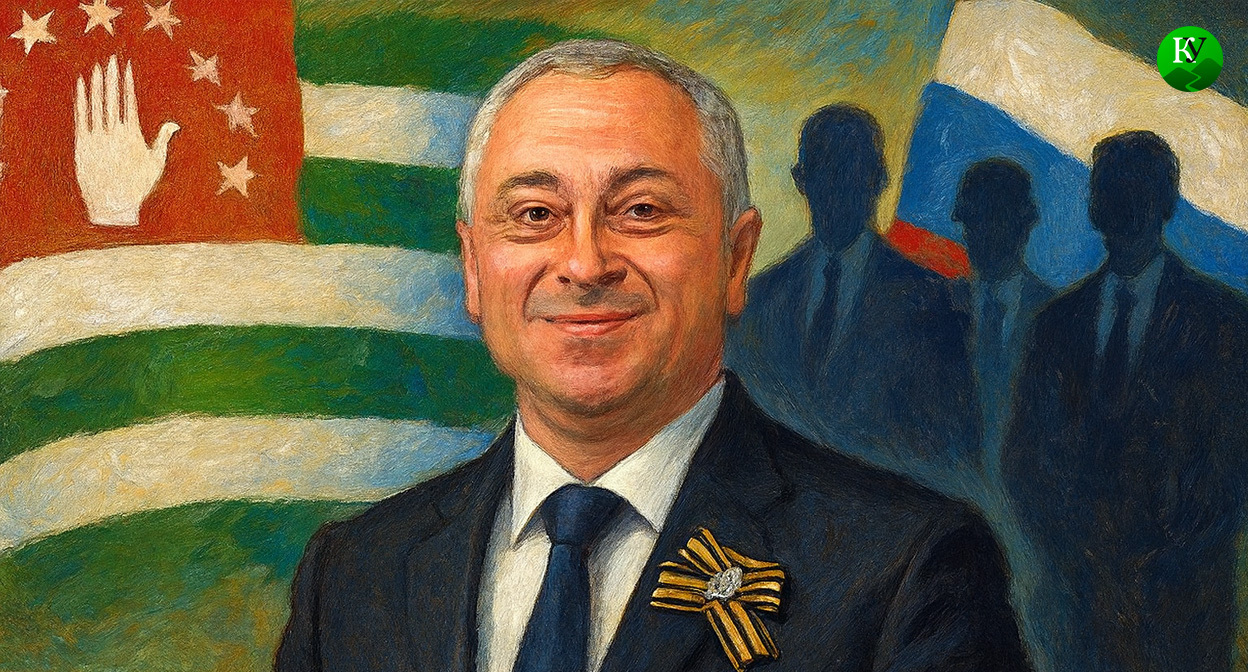 Гунба и политтехнологи из России. Иллюстрация создана «Кавказским узлом» с помощью ИИ в программе Copilot