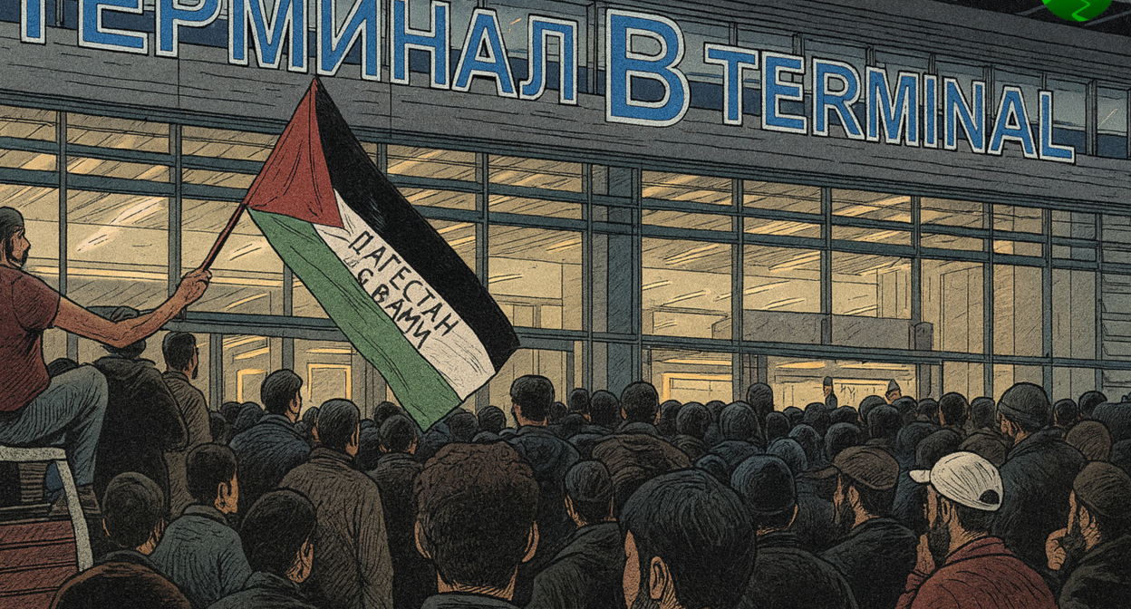 Беспорядки в аэропорту Махачкалы. Фото создано "Кавказским узлом" с помощью ИИ в программе Copilot