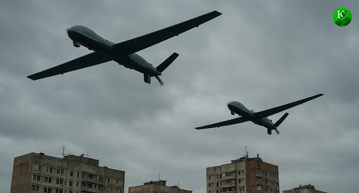 БПЛА в небе. Иллюстрация создана «Кавказским узлом» с помощью ИИ в программе Copilot