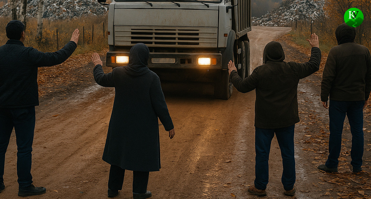 Люди останавливают грузовик. Иллюстрация создана «Кавказским узлом» с помощью ИИ в программе Copilot