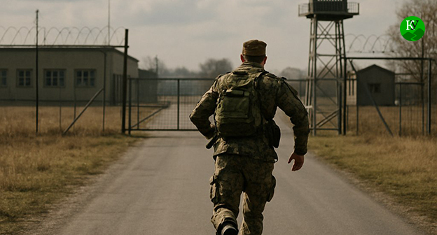 Военный убегает из части. Иллюстрация "Кавказского узла" созданная ИИ при помощи программы Copilot