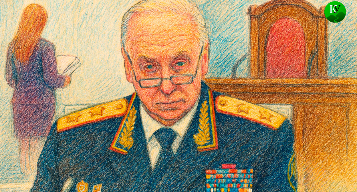 Бастрыкин и сирота в суде. Иллюстрация создана «Кавказским узлом» с помощью ИИ в программе Copilot