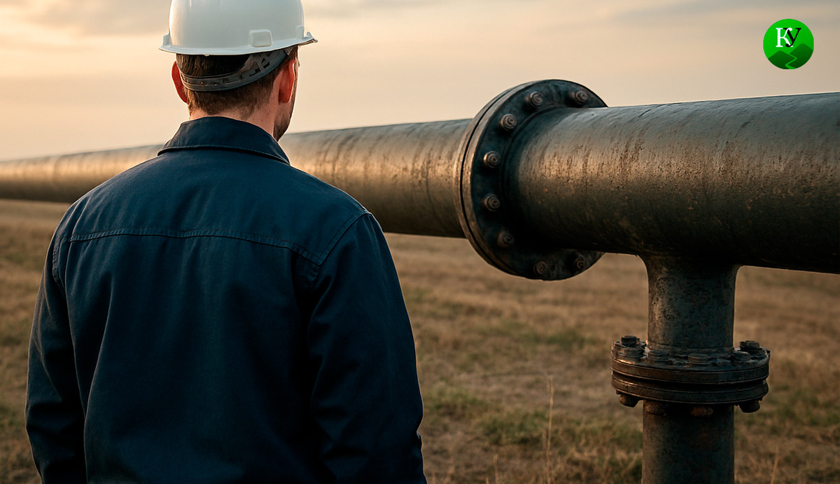 Рабочий обнаружил врезку на нефтепроводе. Иллюстрация создана «Кавказским узлом» с помощью ИИ в программе Copilot