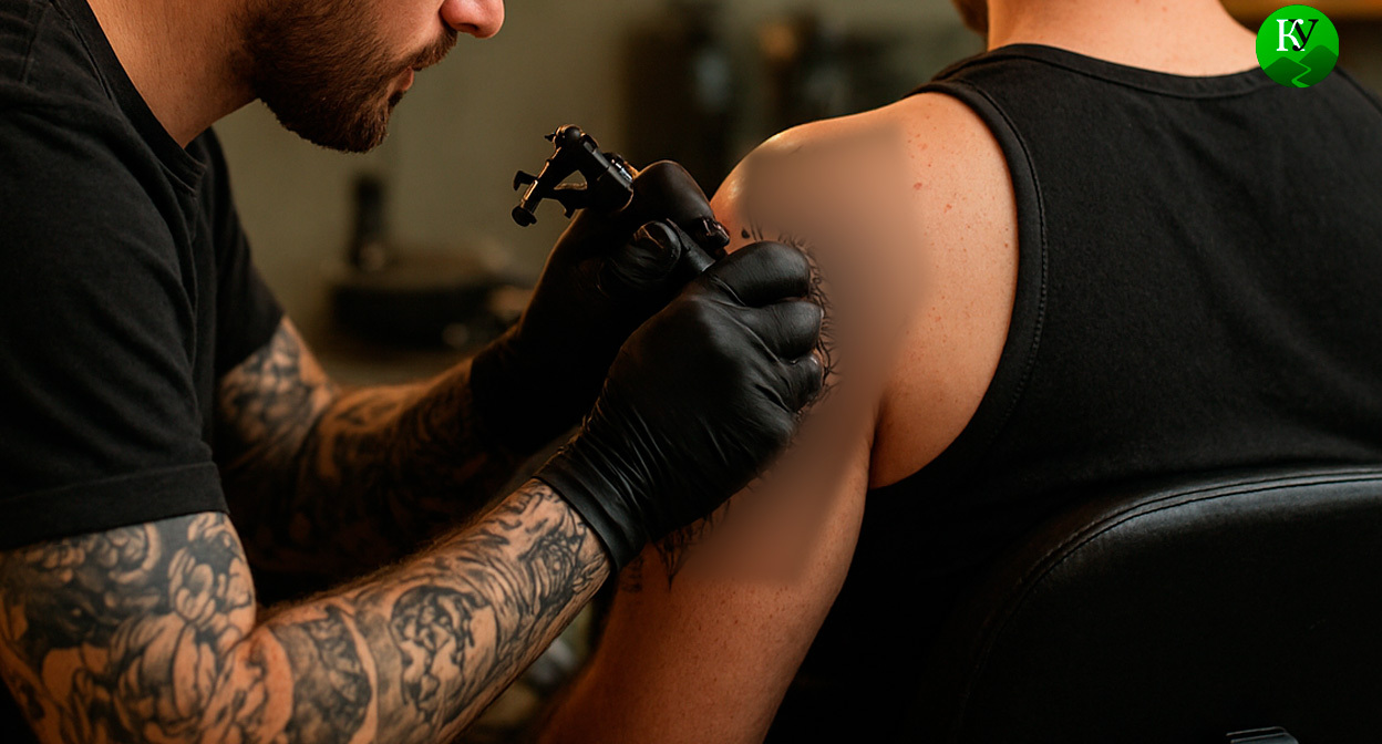 Тату-мастер за работой. Иллюстрация создана «Кавказским узлом» с помощью ИИ в программе Copilot