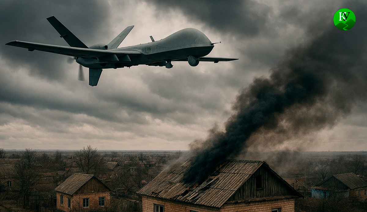 БПЛА над домами. Иллюстрация создана «Кавказским узлом» с помощью ИИ в программе Copilot