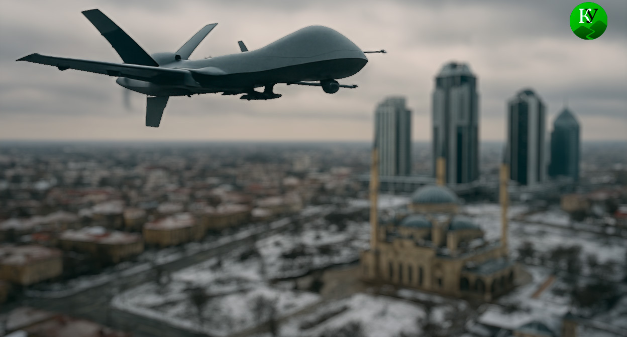 БПЛА над Чечней. Иллюстрация создана «Кавказским узлом» с помощью ИИ в программе Copilot