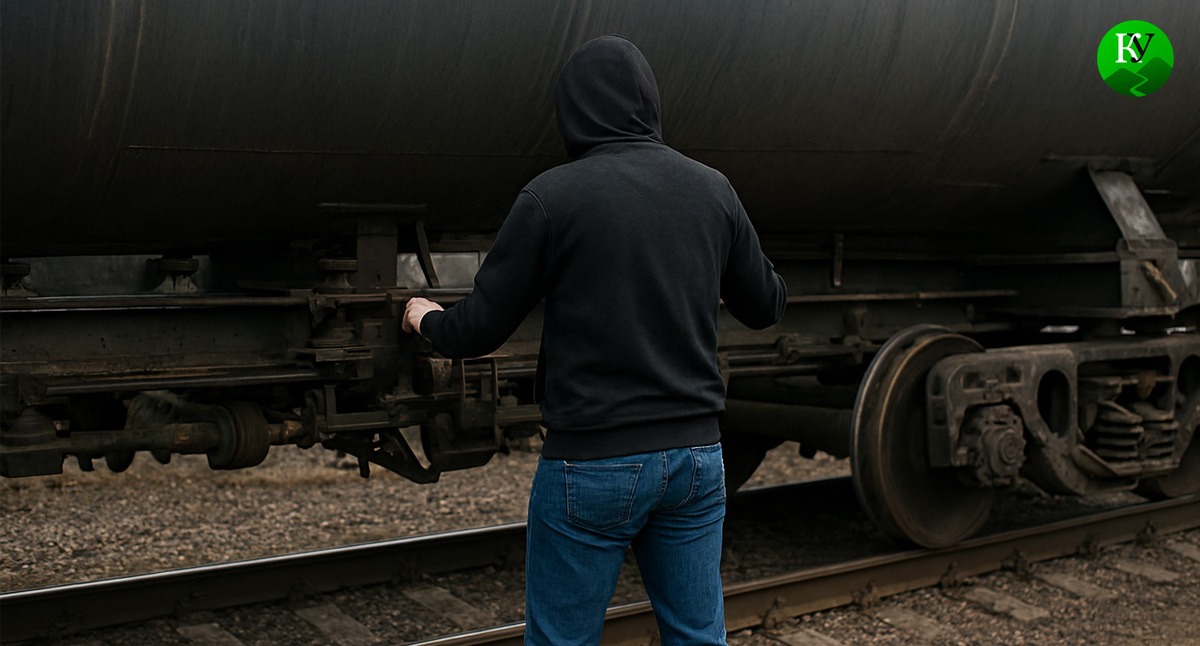 Мужчина около состава с горючим. Иллюстрация создана «Кавказским узлом» с помощью ИИ в программе Copilot