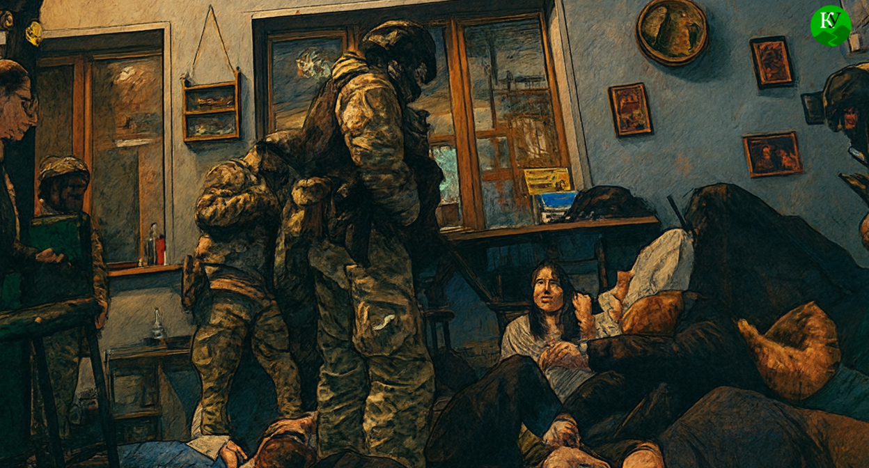 Задержание на "лимоновских" чтениях. Иллюстрация создана "Кавказским узлом" с помощью ИИ в программе Copilot