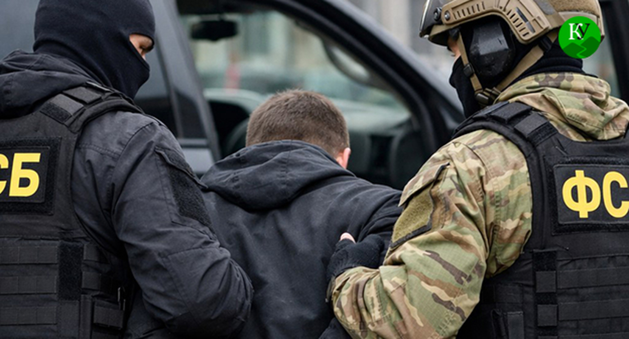 Сотрудники ФСБ во время задержания. Иллюстрация "Кавказского узла" созданная ИИ при помощи программы Copilot