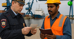 Мигрант и полицейский. Иллюстрация создана «Кавказским узлом» с помощью ИИ в программе Copilot