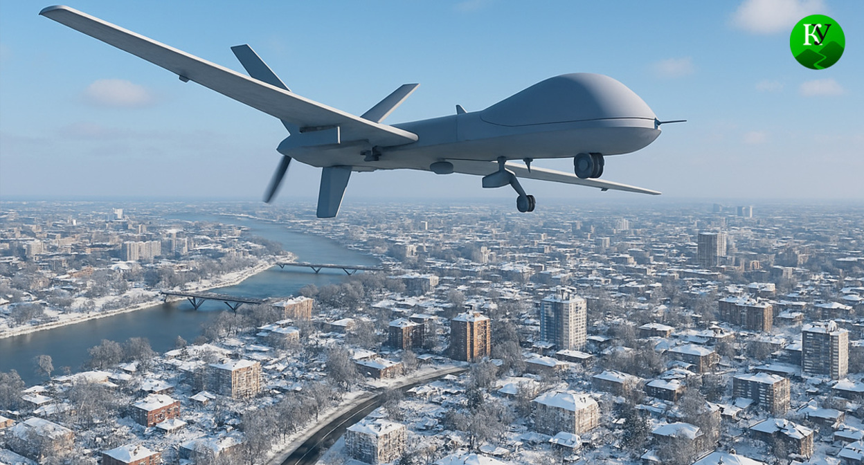 БПЛА над городом. Иллюстрация создана «Кавказским узлом» с помощью ИИ в программе Copilot