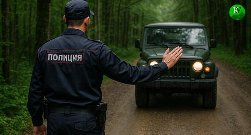Полицейский останавливает джип в лесу. Иллюстрация создана «Кавказским узлом» с помощью ИИ в программе Copilot Полицейский останавливает джип в лесу. Иллюстрация создана «Кавказским узлом» с помощью ИИ в программе Copilot