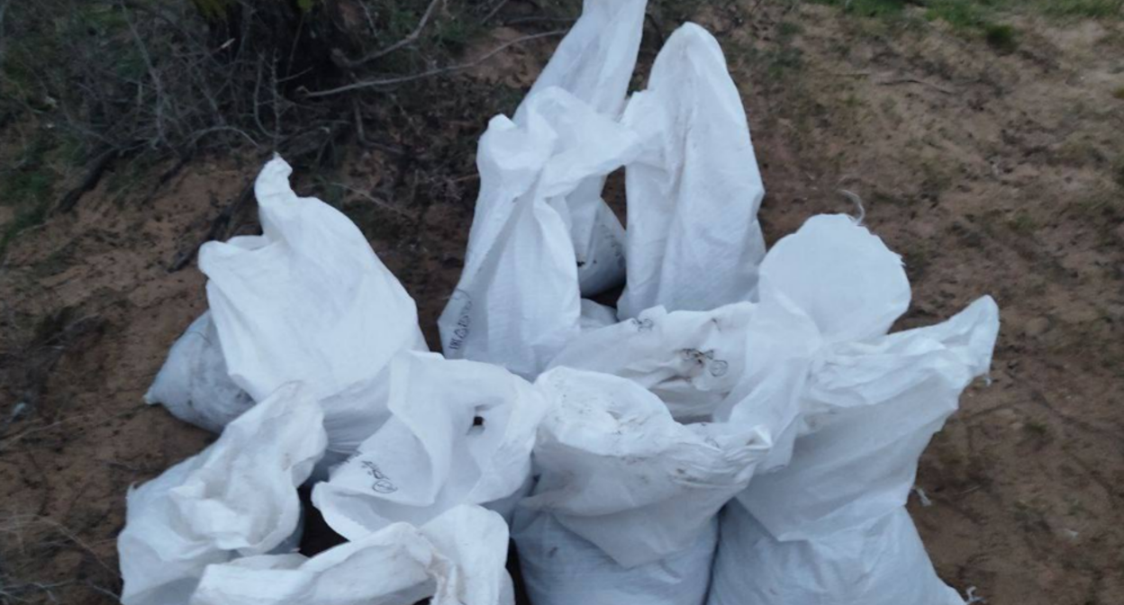 Собранные мешки с мазутом. Скриншот фото штаба "Сети, сито, лопата" от 07.02.26,https://t.me/setisitolopata/2512